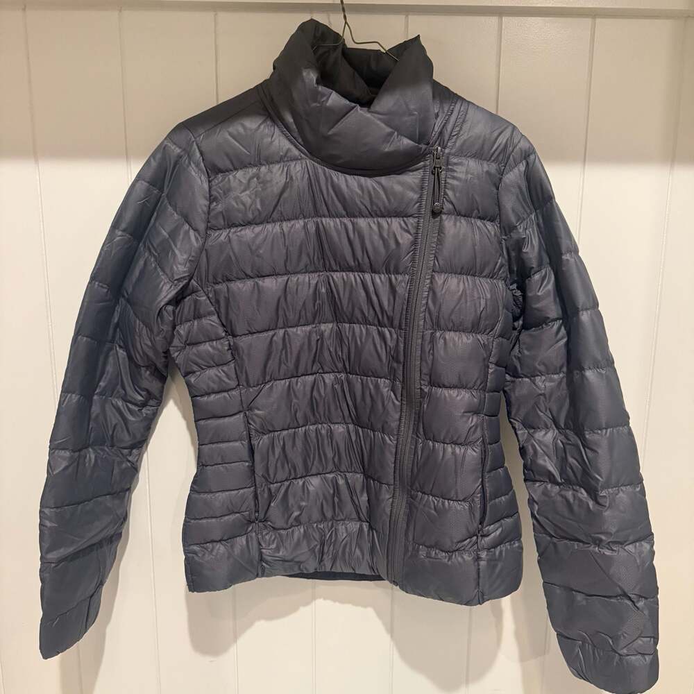 Athleta Downalicious Asymmetric Moto Puffer Jacket Gray Women's Medium